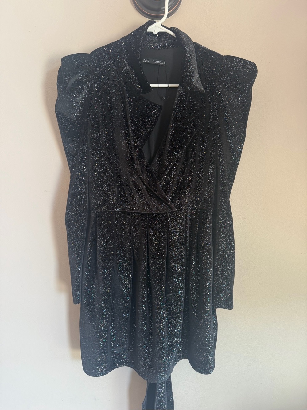 Zara Black Velvet Glitter Puff Shoulder Mini Dress Long Sleeve Surplice V-Neck S